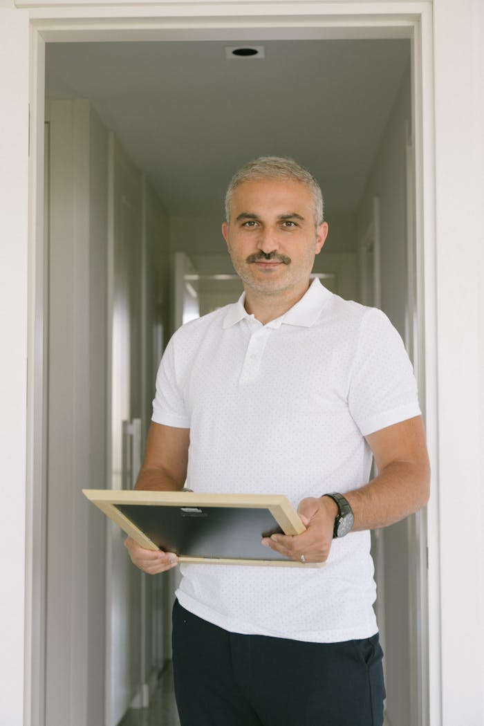 Middle-aged man in white polo holding a frame in an indoor setting.
